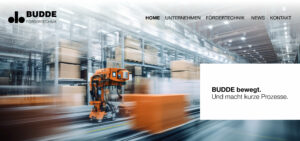 Screenshot der Budde Website, Startseite mit Headline und Bild einer Lagerhalle