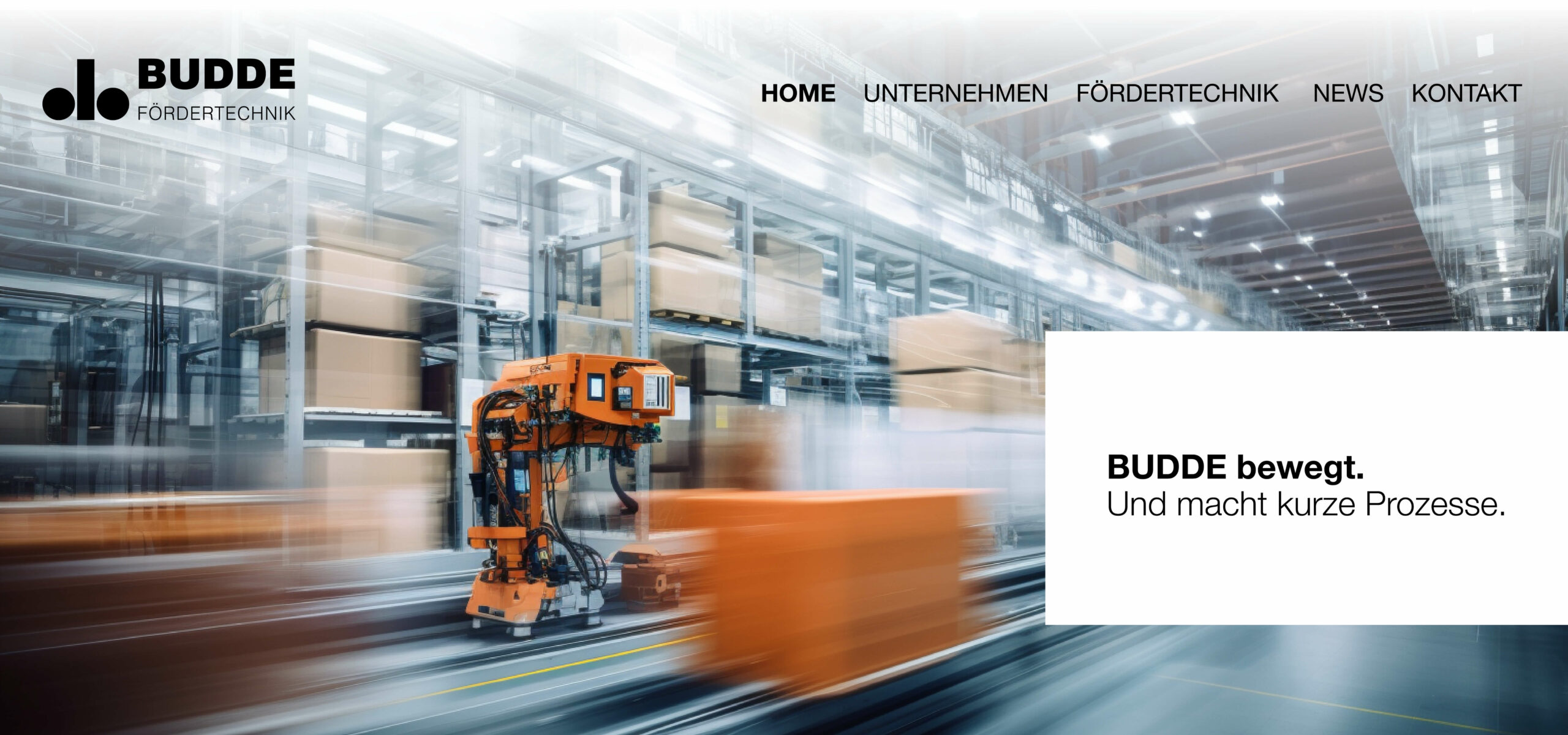 Screenshot der Budde Website, Startseite mit Headline und Bild einer Lagerhalle
