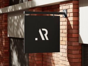 Mockup von ARoom Logo als Schild an Hausfassade